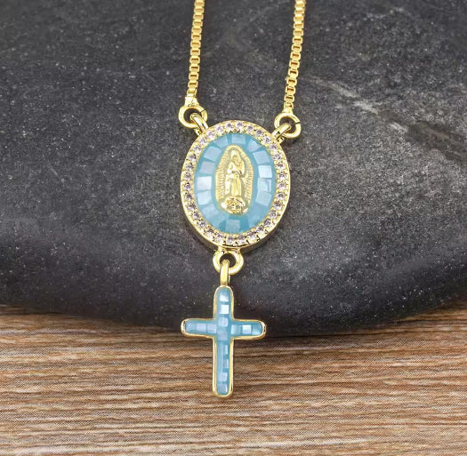 Virgin Mary Abalone Cross Pendant Necklace