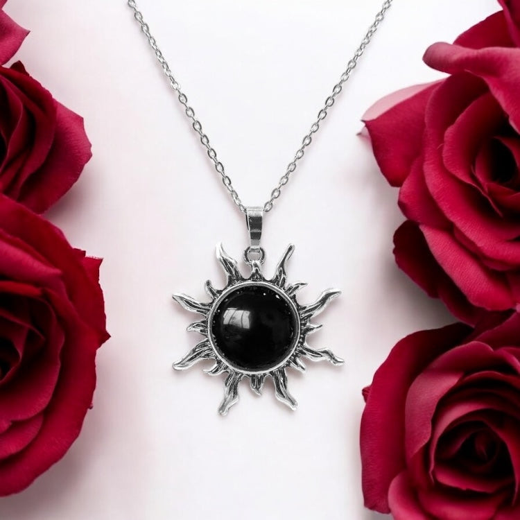 Black Obsidian Sun Necklace – Natural Gemstone Pendant for Strength & Protection