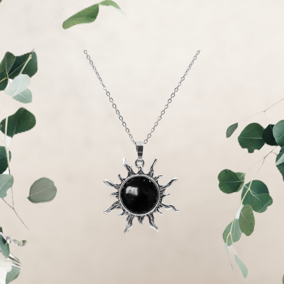 Black Obsidian Sun Necklace – Natural Gemstone Pendant for Strength & Protection