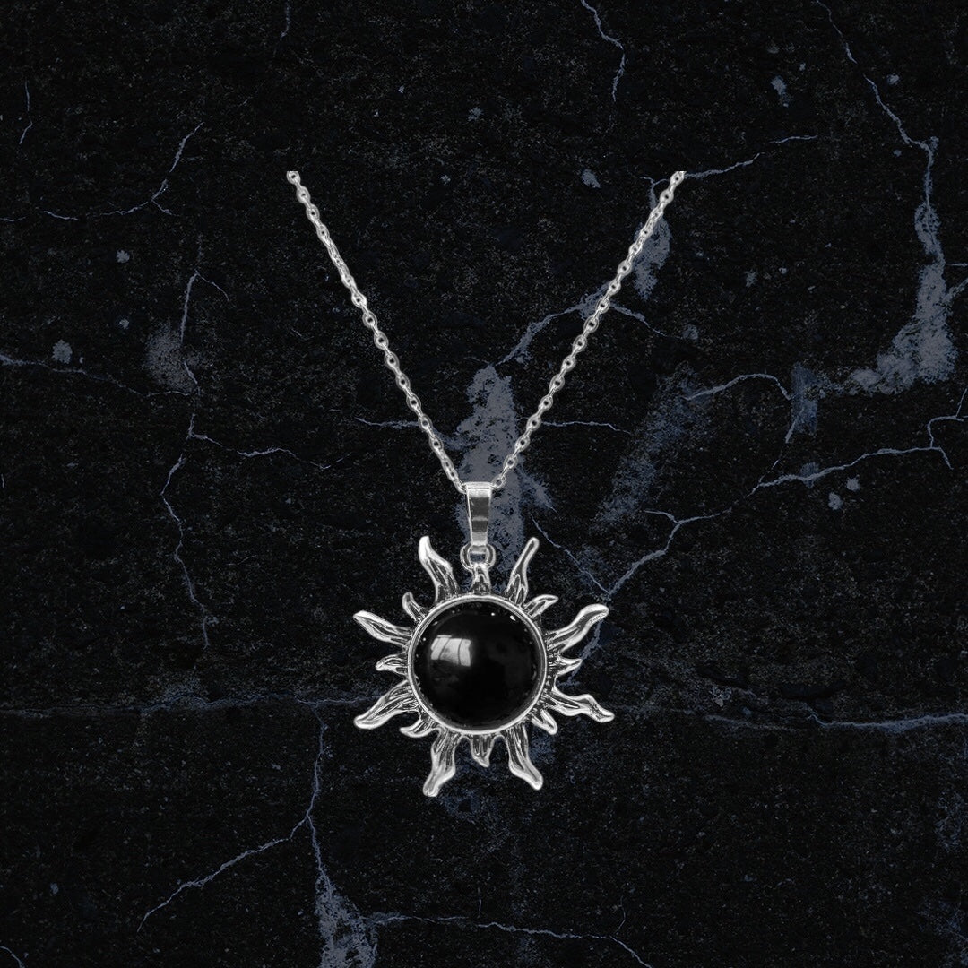 Black Obsidian Sun Necklace – Natural Gemstone Pendant for Strength & Protection