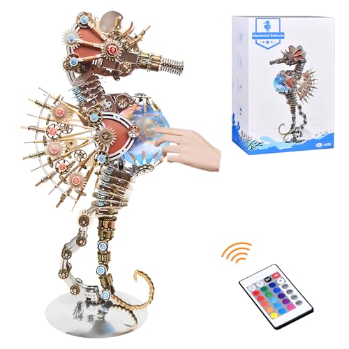 3D Metal Puzzles for Adults, Unique Gift for Men Women Hobbies Christmas Halloween Decorations Indoor Night Light, Mechanical Seahorse Model Buildings with LED Lamp, DIY Craft Difficult Model Kits