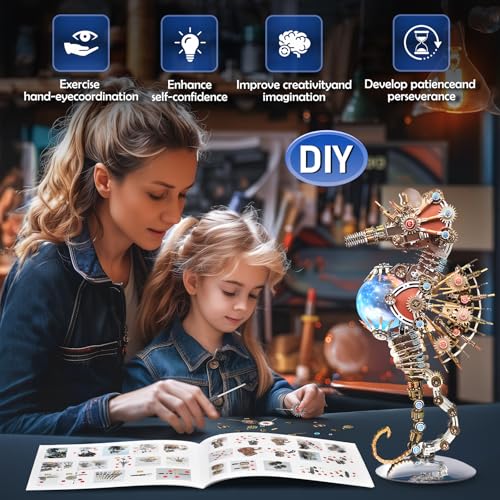 3D Metal Puzzles for Adults, Unique Gift for Men Women Hobbies Christmas Halloween Decorations Indoor Night Light, Mechanical Seahorse Model Buildings with LED Lamp, DIY Craft Difficult Model Kits