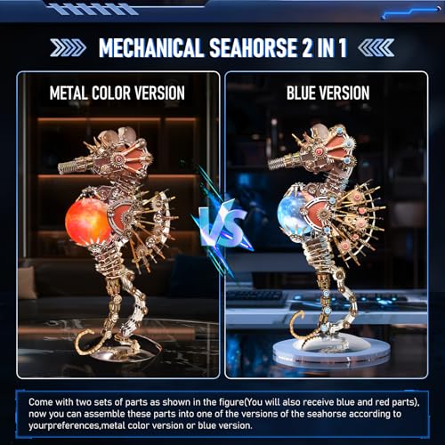 3D Metal Puzzles for Adults, Unique Gift for Men Women Hobbies Christmas Halloween Decorations Indoor Night Light, Mechanical Seahorse Model Buildings with LED Lamp, DIY Craft Difficult Model Kits