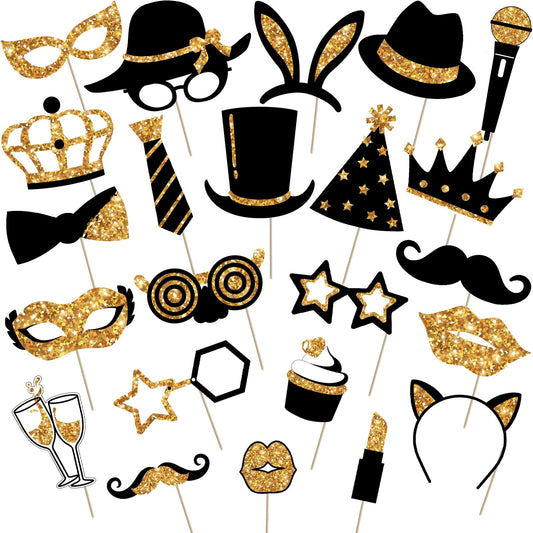 24 Pieces Funny Photo Booth Props for Birthday Weddings Prom Disco Mardi Gras Party Supplies Mix of Hats, Lipstick, Tie, Crowns(Golden)