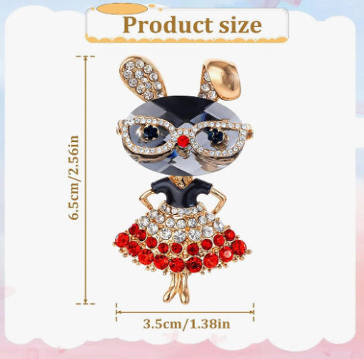 Sparkling Bunny Girl Brooch – Crystal Glasses & Red Dress Pin