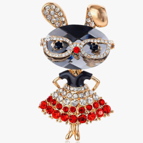Sparkling Bunny Girl Brooch – Crystal Glasses & Red Dress Pin