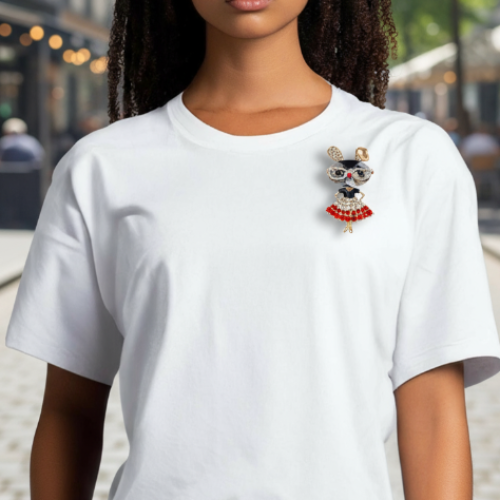 Sparkling Bunny Girl Brooch – Crystal Glasses & Red Dress Pin