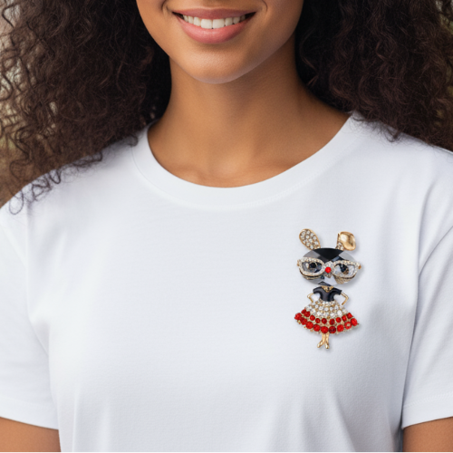 Sparkling Bunny Girl Brooch – Crystal Glasses & Red Dress Pin