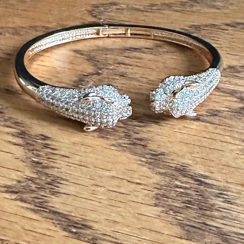 Gold Panther Head Bangle Bracelet, Crystal Pave Animal Statement Cuff, Luxury Wildlife Jewelry Gift for Her