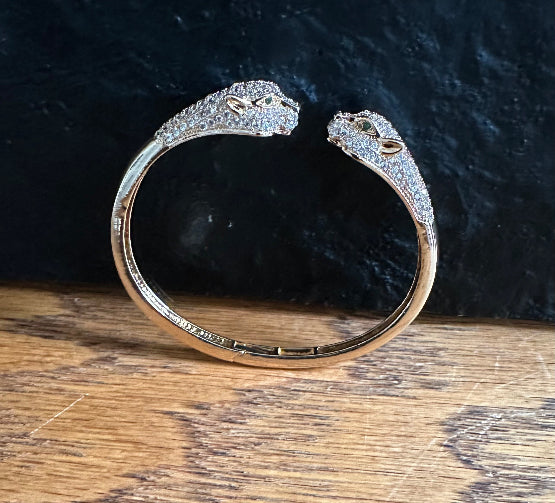 Gold Panther Head Bangle Bracelet, Crystal Pave Animal Statement Cuff, Luxury Wildlife Jewelry Gift for Her