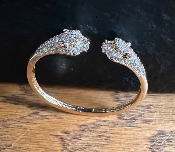 Gold Panther Head Bangle Bracelet, Crystal Pave Animal Statement Cuff, Luxury Wildlife Jewelry Gift for Her