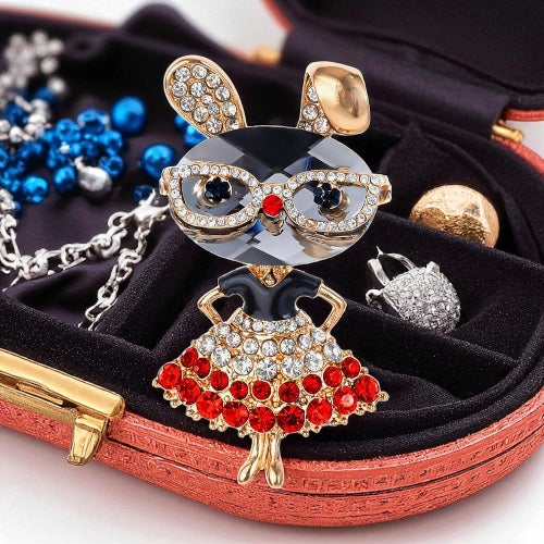 Sparkling Bunny Girl Brooch – Crystal Glasses & Red Dress Pin