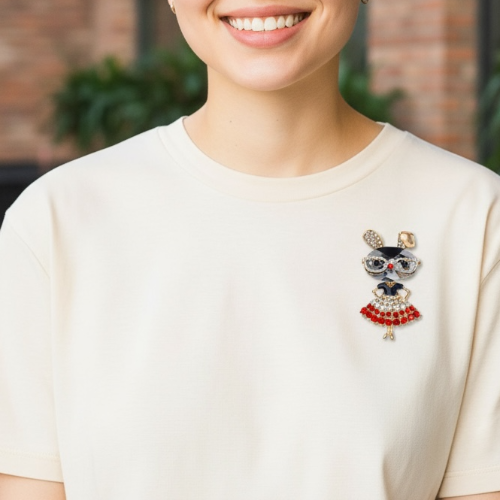 Sparkling Bunny Girl Brooch – Crystal Glasses & Red Dress Pin