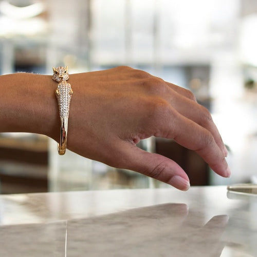 Gold Panther Head Bangle Bracelet, Crystal Pave Animal Statement Cuff, Luxury Wildlife Jewelry Gift for Her