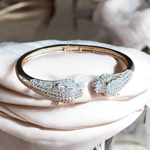 Gold Panther Head Bangle Bracelet, Crystal Pave Animal Statement Cuff, Luxury Wildlife Jewelry Gift for Her
