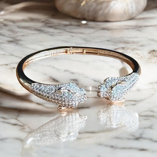 Gold Panther Head Bangle Bracelet, Crystal Pave Animal Statement Cuff, Luxury Wildlife Jewelry Gift for Her