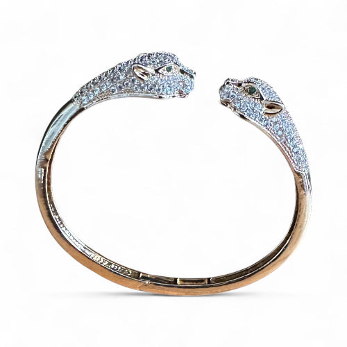 Gold Panther Head Bangle Bracelet, Crystal Pave Animal Statement Cuff, Luxury Wildlife Jewelry Gift for Her