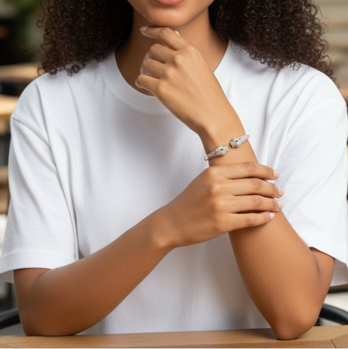 Gold Panther Head Bangle Bracelet, Crystal Pave Animal Statement Cuff, Luxury Wildlife Jewelry Gift for Her