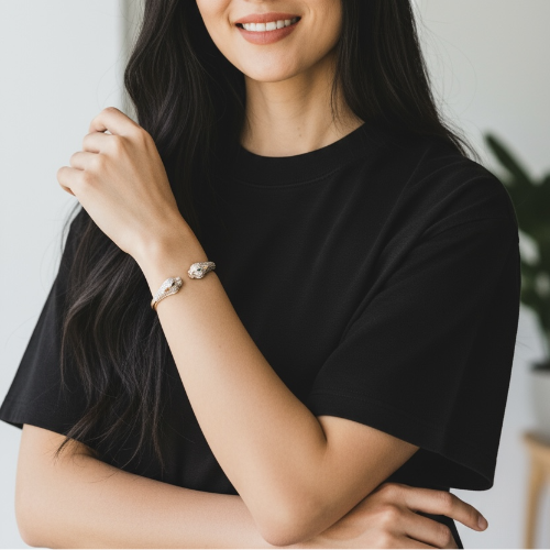 Gold Panther Head Bangle Bracelet, Crystal Pave Animal Statement Cuff, Luxury Wildlife Jewelry Gift for Her