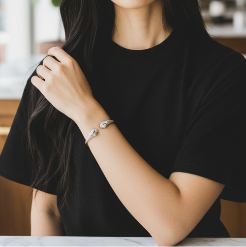 Gold Panther Head Bangle Bracelet, Crystal Pave Animal Statement Cuff, Luxury Wildlife Jewelry Gift for Her